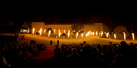 Group F, from France, perform The Breath of the Volcano, during the opening of Auckland Arts Festival, held at the Auckland Domain, with the Auckland Museum as a backdrop. Photo / Brett Phibbs