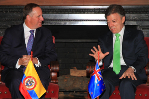 New Zealand Prime Minister John Key meets with Colobian President Juan Manuel Santos on day three of a visit to Latin america.