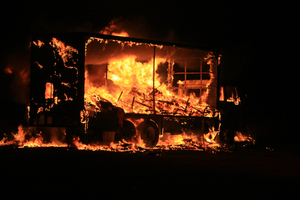 The truck ablaze on Papamoa Beach Road. Photo / Bay of Plenty Times