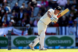 Peter Fulton New Zealand opener Hamish Rutherford shows his style at University Oval in Dunedin yesterday. Photo / Getty Images