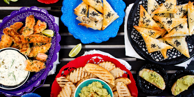 Salmon Goujons with Homemade Tartare, Tuna Filo Parcels and Spicy Broad Bean Dip. Photo / NZH
