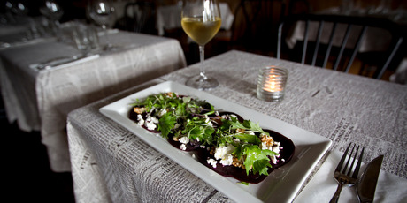Beetroot Carpaccio. Roasted beetroot, feta, walnut, leaves, truffle oil. One of the dishes served at Victoria Road Bistro in Devonport. Photo / Sarah Ivey