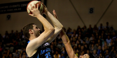 Alex Pledger of the Breakers (left), at 2.2m, is the tallest professional sportsman in New Zealand. Photo / Sarah Ivey