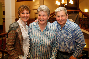 Lynda Topp and Donna Luxton, here with Jools Topp (right), tied the knot under heavy security (below) in Staveley. Photo / NZ Herald