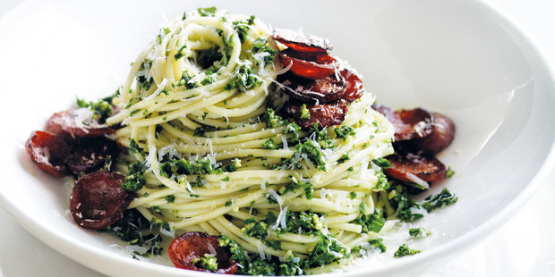 Kale pesto spaghetti. Photo / Donna Hay Magazine