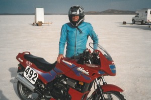 Te Puke's John Feaver togged up ready for a speed trial on the South Australian Lake Gairdner salt flats last month. Photo / Supplied