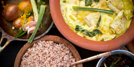 Fish curry, red rice and onion sambal. Photo / Michael Craig