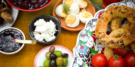 Limit bread, cherry jam, feta, cherries, dates, figs, cucumber, tomatoes, olives. Photo / Michael Craig