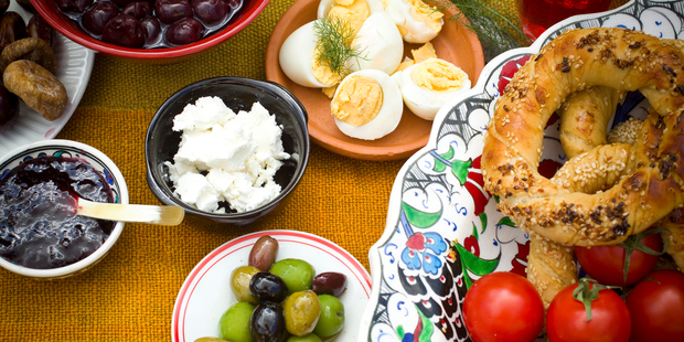 Limit bread, cherry jam, feta, cherries, dates, figs, cucumber, tomatoes, olives. Photo / Michael Craig