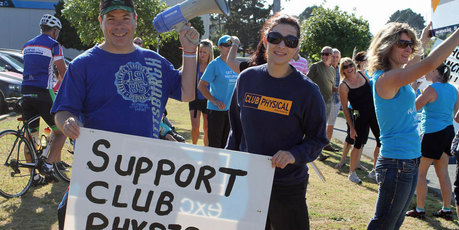 Club Physical gym members seen here protesting outside one of the Jolt Fitness branches. Photo / Supplied