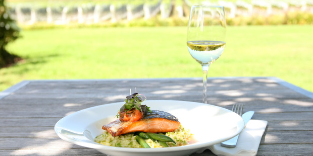 Salmon and pea risotto, as served at The Vineyard Cafe at Villa Maria Estate, Auckland. Photo / Chris Gorman
