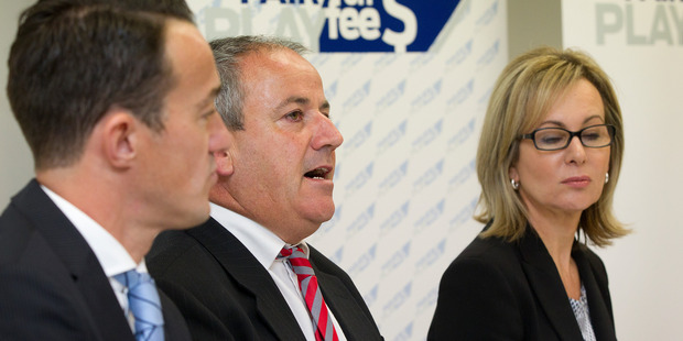 (L to R) Ben Hardwick of Slater & Gordon, NZ barrister Andrew Hooker and CEO Michelle Silvers of Litigation Lending Services at the media conference announcing the lawsuit today. Photo / Sarah Ivey