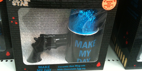 This loosely-themed Dirty Harry mug and gun Easter egg combo, spotted in The Warehouse, Whangaparaoa, was a bit alarming for one reader who wonders what a handgun has to do with Easter. Photo / Supplied