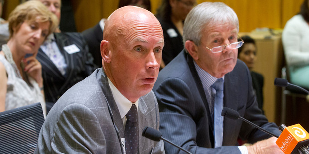 Former Solid Energy boss Don Elder and former chairman John Palmer at Parliament's commerce committee meeting. Photo / Mark Mitchell