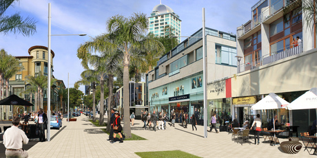 Artist's impression of how Hurstmere Road in Takapuna could look with 18-storey buildings. Picture / Supplied