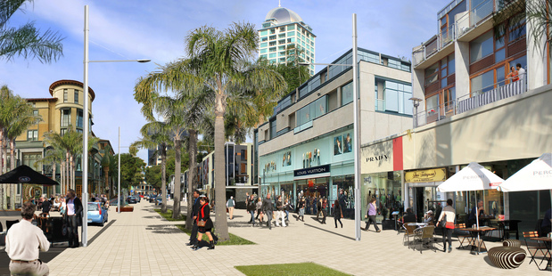 Artist's impression of how Hurstmere Road in Takapuna could look with 18-storey buildings. Picture / Supplied