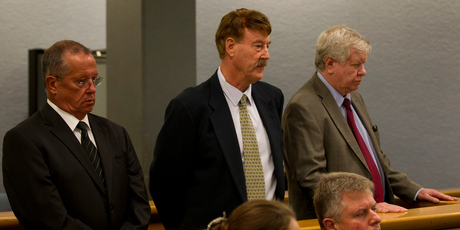 Former Capital + Merchant directors ( L - R ) Owen Francis Tallentire, Robert Gordon Sutherland and Colin Gregory Ryan, in the dock during sentencing at the Auckland High Court. Photo / Brett Phibbs