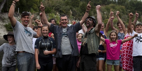 Luke Nola, centre, and Chris Stapp, right, on kids TV show Let's Get Inventin'. Photo / Supplied