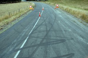 Tyre marks lace the road surface. Photo / Supplied