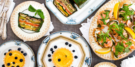 Roast Vegetable Terrine, Gherkin and salmon bruschetta with rocket, Lemon Tarts. Photo / Babiche Martens