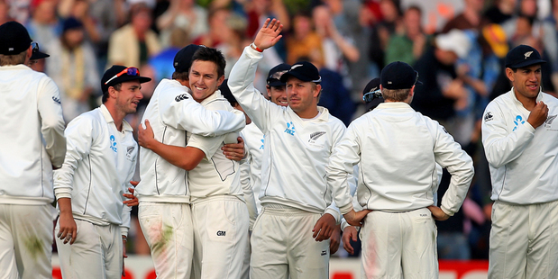 The Black Caps celebrate a wicket during the first test against England in Dunedin. Photo /Getty Images