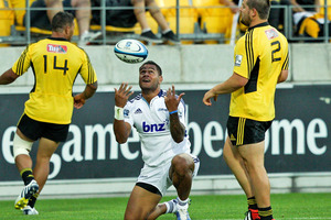 Blues winger Frank Halai celebrates a try against the Hurricanes. Photo / Getty Images