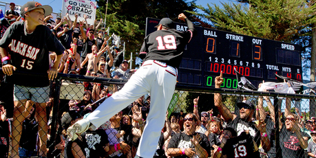 Black Sox baseman Nathan Nukunuku celebrates with the crowd. Photo / Brett Phibbs