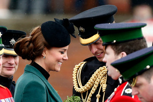 Britain's Kate Duchess of Cambridge attends the 1st Battalion Irish Guards St Patrick's Day Parade with her husband Prince William. Photo / AP