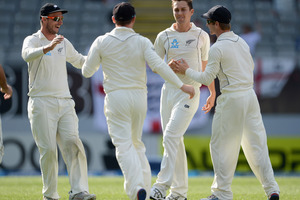 Trent Boult of New Zealand celebrates dismissing Alastair Cook of England during day two of the Third Test match between New Zealand and England. Photo / Getty Images.