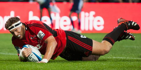 Wyatt Crockett of the Crusaders scores a try during the round six Super Rugby match between the Crusaders and the Kings. Photo / Getty Images.