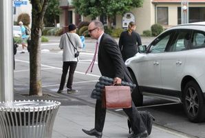 Hawk Packaging counsel Magnus Macfarlane arriving at Hastings District Court yesterday. Photo / Duncan Brown