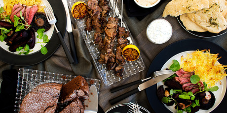Steak with Roasted Beetroot and Watercress Salad, Lamb Souflaki with Flatbreads and Scrummy Chocolate Mud Cake. Photo / Babiche Martens