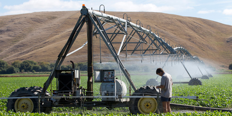 Hugh Ritchie checks the progress of an irrigator on his farm at Otane. Photo / Mark Mitchell