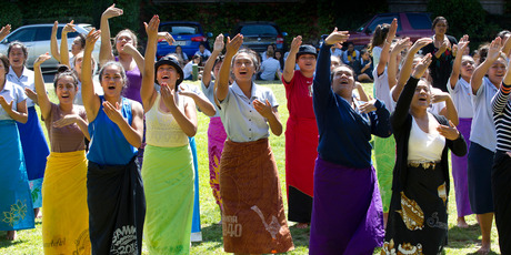 The Samoan group from Auckland Girls Grammar practise their routine before they compete at the 2013 Polyfest. Photo / Brett Phibbs