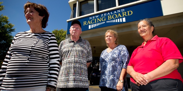 From left, Joy Donohoe, Noel Monaghan, Karen Fletcher and Lil Webb outside the TAB phone betting centre in Ellerslie. Photo / Dean Purcell
