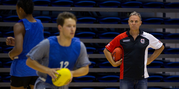 AFL St Kilda head recruiter Tony Elshaug checks out Kiwi talent at Waitakere Stadium this week. Photo / Sarah Ivey