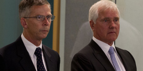 Paul Cropp (left) and Robert Whale pleaded not guilty to charges by the Serious Fraud Office. Photo / Brett Phibbs