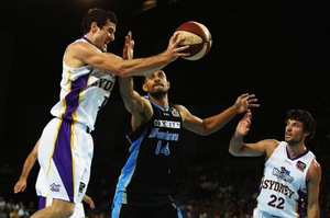 Mika Vukona attempts to gain possession in the New Zealand Breakers' opening playoff game against the Sydney Kings. Photo / Getty Images