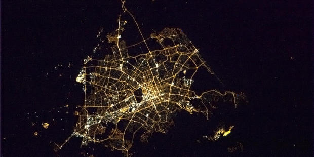 Christchurch's city centre as viewed from space just after Earth Hour concluded last night. Photo / Chris Hadfield/Twitter