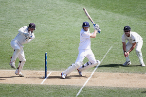 Joe Root of England plays the ball square during day three of the Third Test match between New Zealand and England. Photo / Getty Images.
