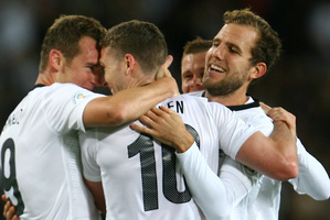 New Zealand wrapped up the intercontinental playoff spot against an as-yet unknown opponent in November with a 2-1 win over New Caledonia in Dunedin on Friday. Photo / Getty Images
