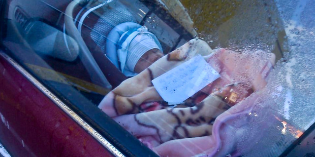 The baby left in the carpark of the Porirua Pak'nSave supermarket. Photo / Supplied