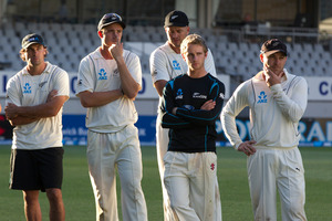 New Zealand's Dean Brownlee, Tim Southee, Peter Fulton, Kane Williamson and Brendon McCullum are pensive yesterday after the last day of the third test at Eden Park. Photo / Brett Phibbs