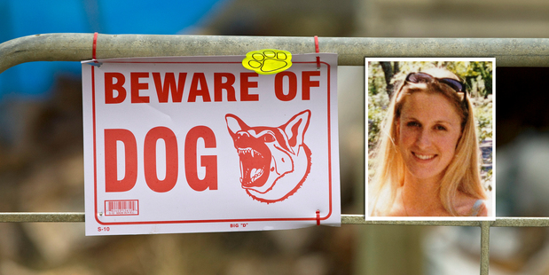 A sign at the property; and inset: Chloe Mathewson, who was fatally mauled. Photos / Michael Craig, Supplied