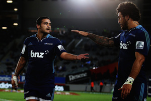 Piri Weepu celebrates with Rene Ranger after scoring a try during the round eight match between the Blues and the Highlanders. Photo / Getty Images