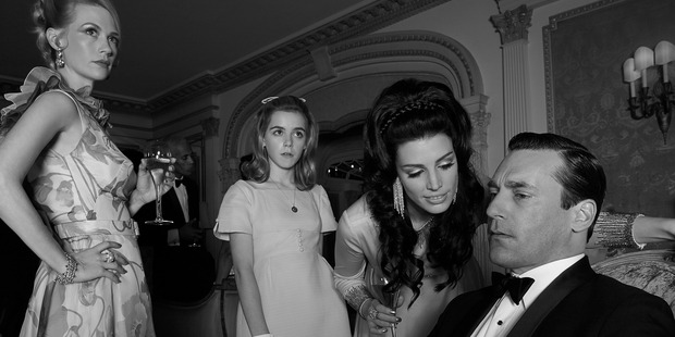 Betty Francis (January Jones), Sally Draper (Kiernan Shipka), Megan Draper (Jessica Pare) and Don Draper (Jon Hamm) in a scene from Mad Men season 6. Photo / Supplied
