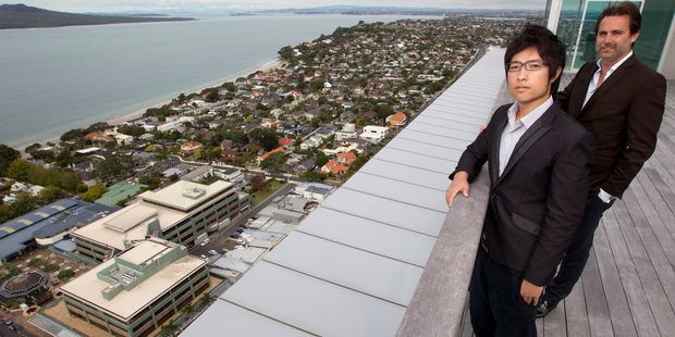 King Khoo with James Kellow at his penthouse apartment at the Sentinel in Takapuna. Photo / Greg Bowker