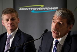 Bill English and Mighty River Power chief executive Doug Heffernan were on deck yesterday to talk about the offer document. Photo / Greg Bowker