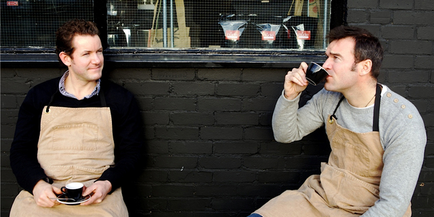 Richard Reed and Gerard Fisher had a hard time getting their coffee business, Nude Espresso, started in London during the global financial crisis but now have three outlets and roast a tonne of beans every week. Photo / Supplied