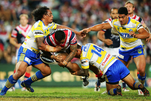 Frank-Paul Nuuausala of the Roosters is tackled during the round four NRL match between the Sydney Roosters and the Parramatta Eels. Photo / Getty Images
